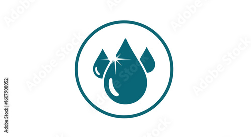 Vector art of a teal icon featuring three water drops inside a circle, symbolizing purity and hydration