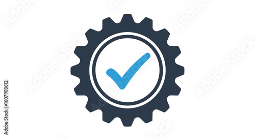 Vector art of a dark blue gear with a bright blue checkmark inside a circle, symbolizing approval and quality control in a mechanical process