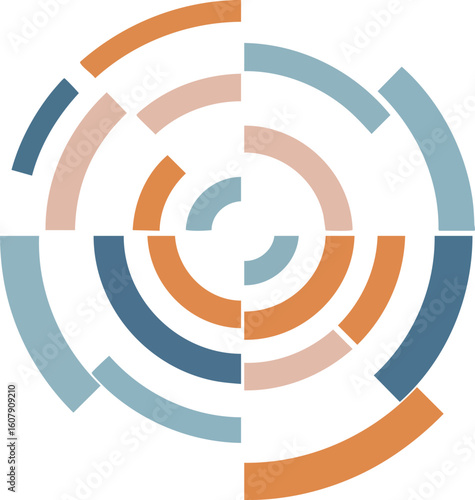 Abstract circular segmented design with blue, orange, and beige color palette in radial pattern vector illustration 