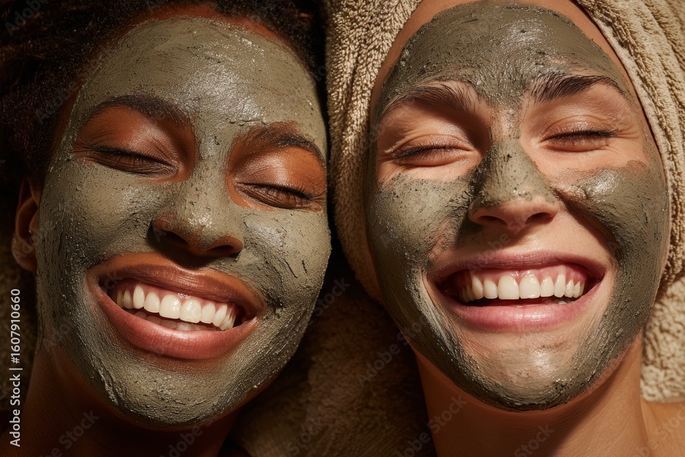 Fototapeta premium Smiling african and caucasian females enjoying relaxing facial spa masks together