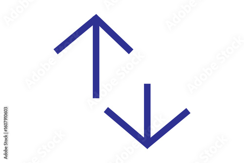 This image displays two distinct dark blue arrows on a plain white background. One arrow points directly upwards, and the other points directly downwards, positioned below the first.