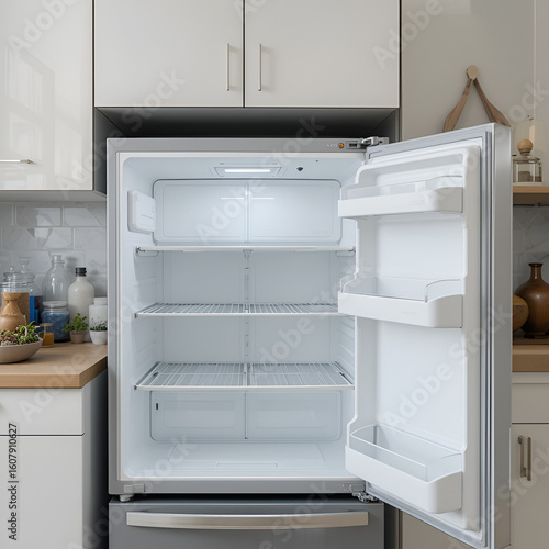 Empty open fridge in domestic kitchen