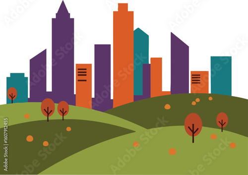 Colorful city skyline with autumn trees and rolling green hills in modern vector illustration 