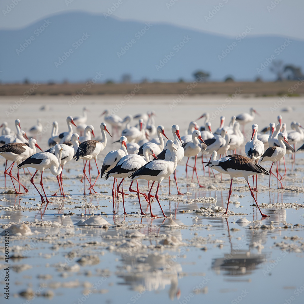 Fototapeta premium A flock of Painted stork (Mycteria leucocephala), and other shorebirds, low angle view, side shot, foraging on the salt fields in the morning sun, at Pak Thala, lower central of Thailand.