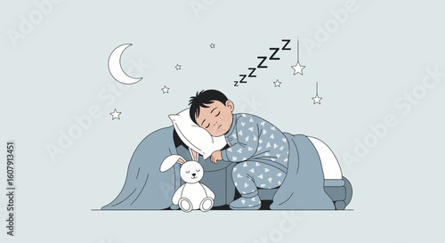 Young Boy Sleeps Soundly At Night With His Plush Toy And Dreamy Moon