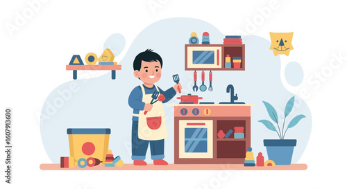 Young Chef Pretends To Cook At His Toy Kitchen Set Up In His Room