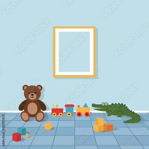Childrens playroom with teddy bear crocodile and colorful toy blocks on tiled floor in blue room vector illustration 
