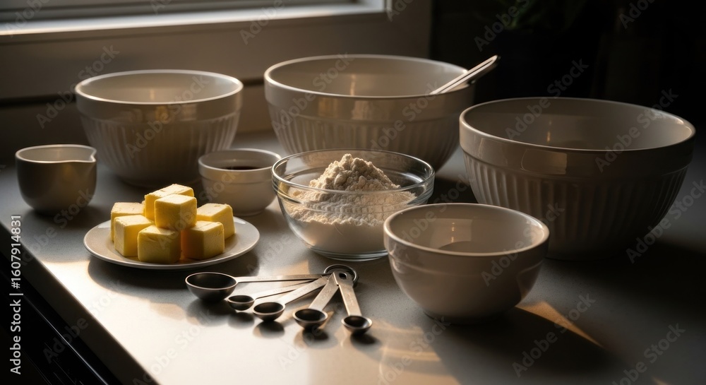 Fototapeta premium Baking preparation butter, flour, bowls and measuring spoons on counter
