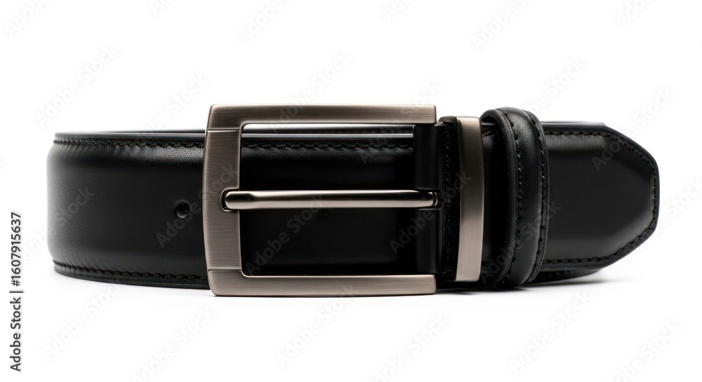 Black leather belt with metal buckle on white Black leather belt with metal buckle on white