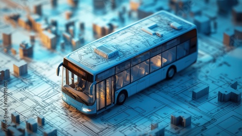 A stylized bus on a blueprint background with miniature buildings in the background view