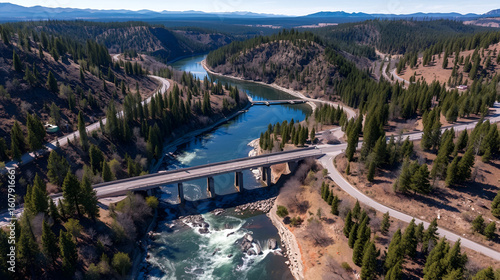 Aerial of American river near Foresthill, Auburn-Foresthill or Auburn road bridge crossing over the North Fork American River in Placer County and the Sierra Nevada foothills, in eastern California.