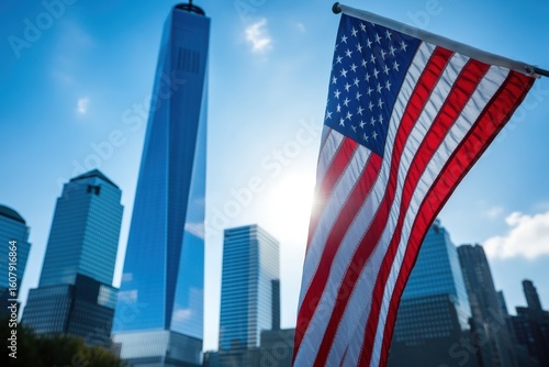 American flag waving in front of new york city skyscrapers on a bright sunny day with a clear blue sky