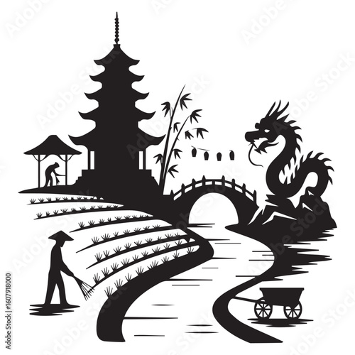 A scenic view of a pagoda, dragon, and rice farmer in an asian landscape, isolated on white background