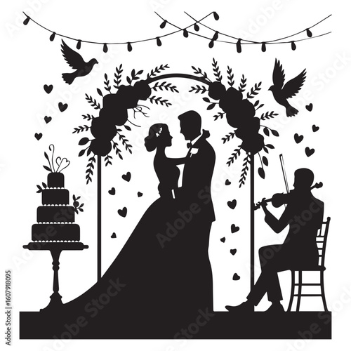 A bride and groom are silhouetted under a floral arch with a violinist and wedding cake, isolated on white background