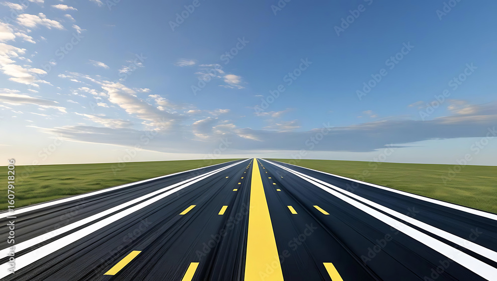 Naklejka premium Endless highway stretching to the horizon under a bright blue sky with scattered clouds