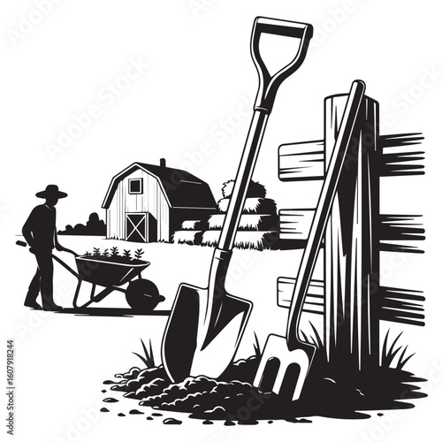 A rustic farming scene features a shovel and pitchfork in the foreground, with a farmer pushing a wheelbarrow towards a barn and hay bales, illustrating the essence of agricultural labor