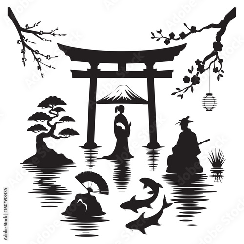 A serene japanese landscape featuring a torii gate, mount fuji, a woman in kimono, a samurai warrior, and koi fish in a tranquil lake, all depicted in silhouette