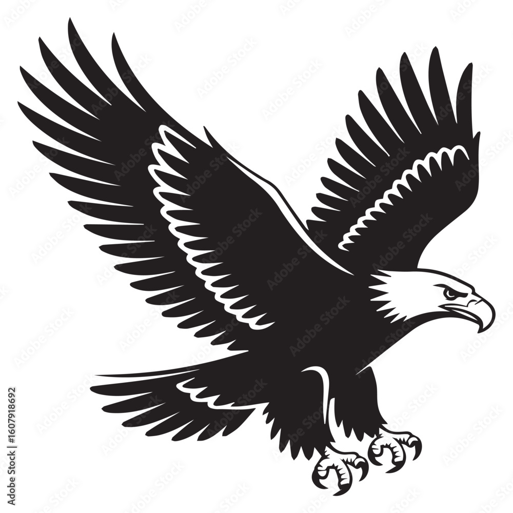 Obraz premium A majestic eagle soars in silhouette, embodying freedom and power against a stark white backdrop
