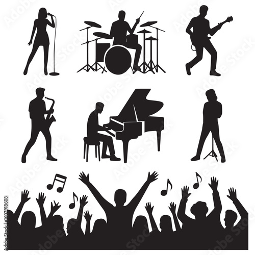 A lively concert scene is depicted in silhouette, featuring a band, musicians, and an enthusiastic crowd, all against a white background