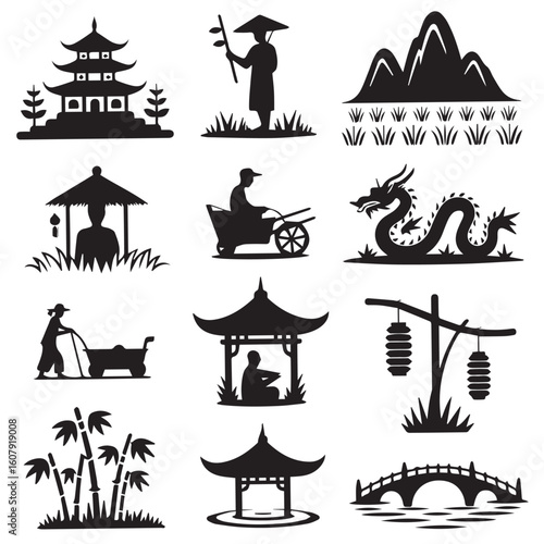 A collection of asian silhouettes depicts iconic elements such as pagodas, rickshaws, dragons, and bamboo, representing the rich cultural heritage of china and japan