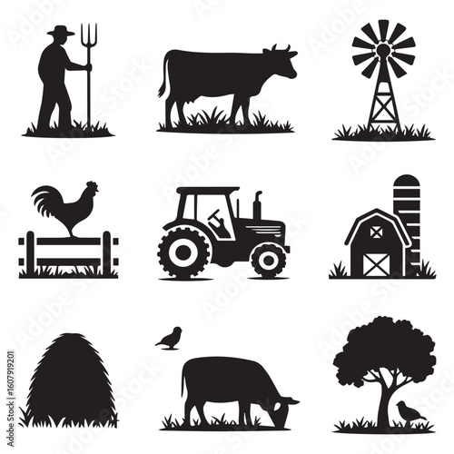 A collection of farm silhouettes depicts a rural scene with a farmer, cow, windmill, rooster, tractor, and barn, capturing the essence of agricultural life