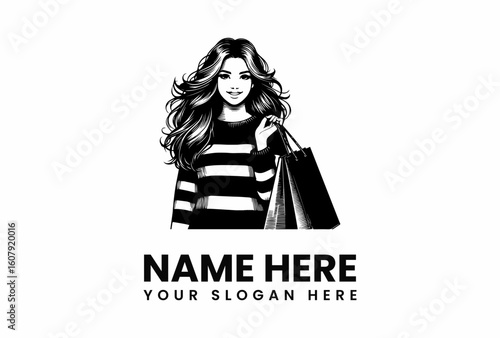 Smiling woman with flowing hair holding shopping bags in black and white illustration.