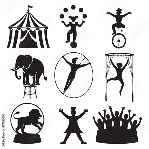 A dynamic collection of circus silhouette designs featuring a tent, juggler, unicyclist, elephant, acrobat, lion, and audience, capturing the excitement and wonder of the big top