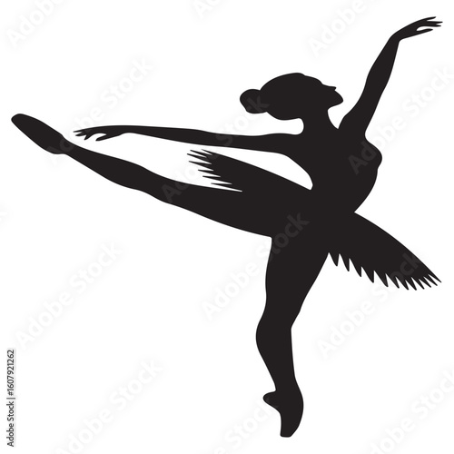 A poised ballerina in a tutu extends her leg, capturing the artistry and precision of ballet, isolated on white background
