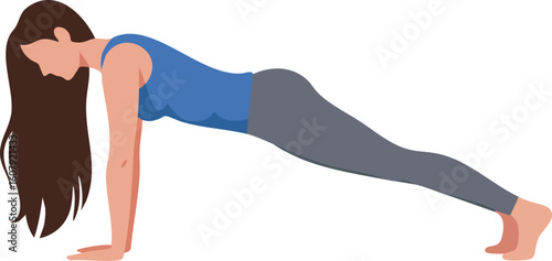 Woman performing plank exercise in fitness workout routine for strength and core stability training vector illustration 