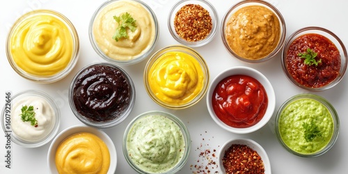 Various sauces and dips in small glass and ceramic bowls