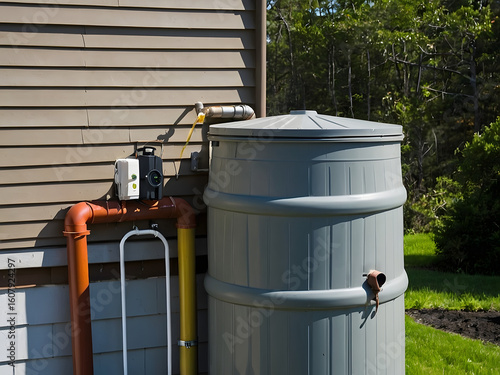 Rainwater Harvesting System: A detailed shot of a rainwater harvesting system installed beside a home, promoting eco-friendly water conservation.