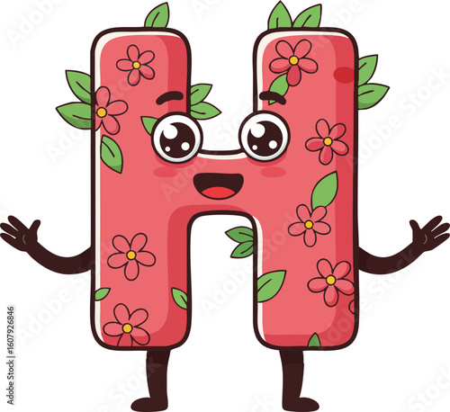 Happy pink floral letter H cartoon character with smiling face and green leaves vector illustration 