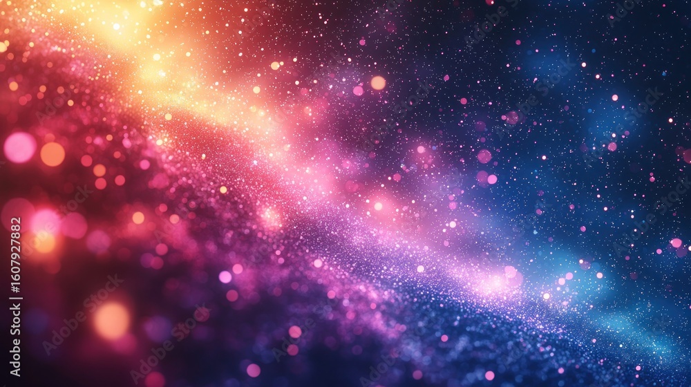 Fototapeta premium Cosmic river of pink, purple, orange glowing particles in dark space