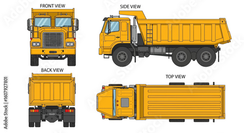 Technical illustration showing front, side, back, and top views of a yellow dump truck with detailed features and precise lines.