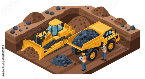 Isometric illustration depicting a bulldozer pushing material into a dump truck, with two workers overseeing the operation in a mine.