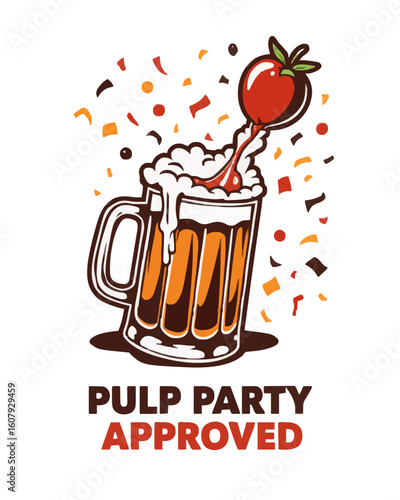 Pint of beer splashing with tomato against festive background