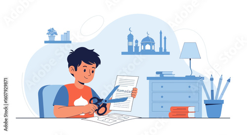 Youngster Engaged in Festive Decorations Preparation for Ramadan Celebration