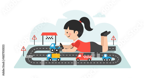 Young Driver Plays With Toy Cars On A Road Course Imagination Game