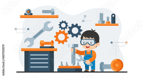 Young Engineer Learning Mechanical Skills And Tools Cartoon Vector Illustration