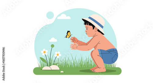 Young Explorer Glimpse: A Child's Fascination With Nature And A Butterfly