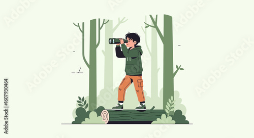 Young Explorer Observes Forest With Binoculars Standing on Fallen Tree