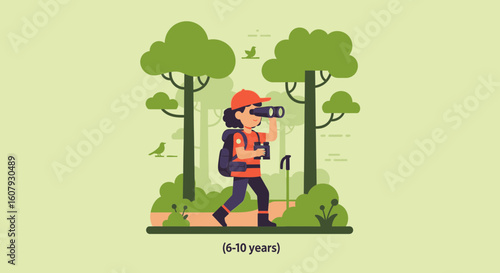 Young Explorer On An Outdoor Adventure With Binoculars And Backpack Discovering Nature