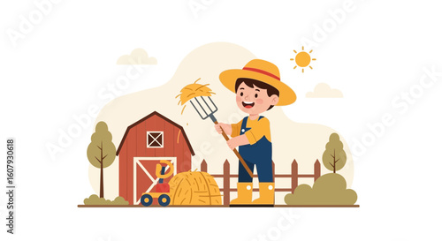 Young Farmer Working With Hay At The Farm On A Sunny Day