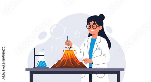 Young Female Scientist Demonstrating Volcano Eruption in Laboratory Classroom Experiment