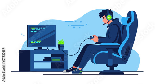 Young Gamer Immersed In His Favorite Video Game In Comfortable Gaming Chair