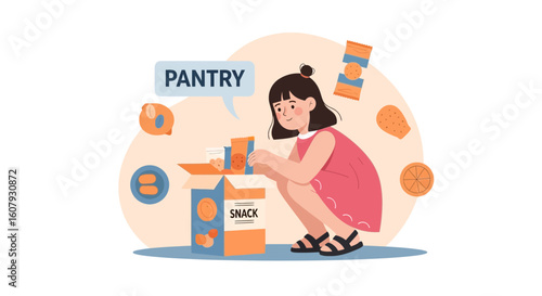 Young Girl Arranging Snack Items In Pantry To Promote Healthy Lifestyle