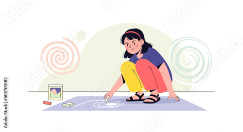 Young Girl Expressing Creativity Drawing With Chalk On The Ground Illustration