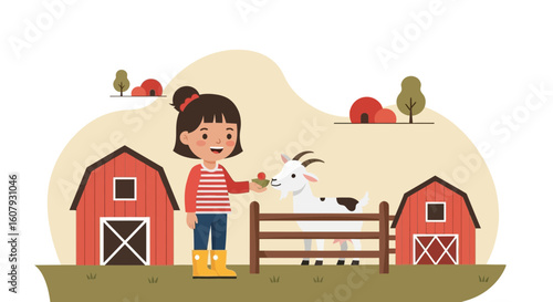 Young Girl Feeding Goat On A Farm, Rural Countryside Illustration