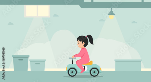 Young Girl Enjoying Ride On A Toy Car In A Playroom Environment