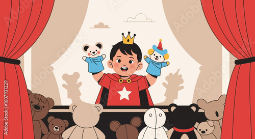 Young King Enacting a Puppet Show for the Teddy Bears Audience at Home